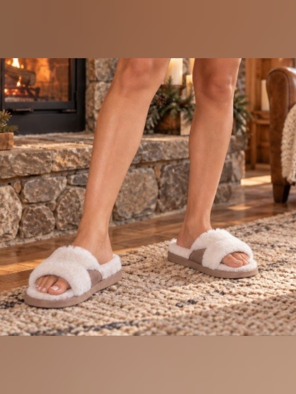 Koolaburra Cream and Tan Plush Slide Sandals